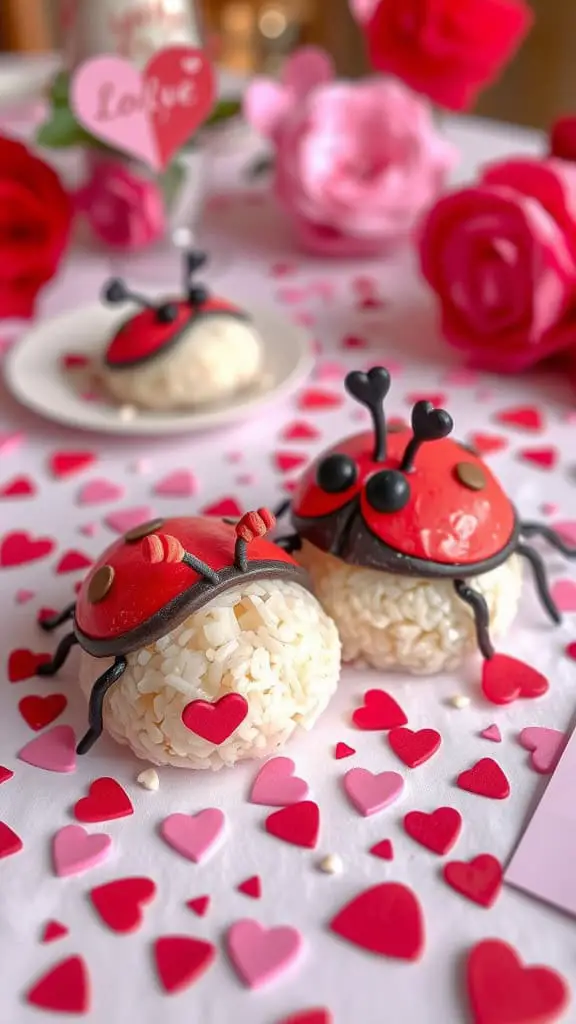 Cute ladybug rice cakes decorated with heart shapes, surrounded by pink and red heart confetti.