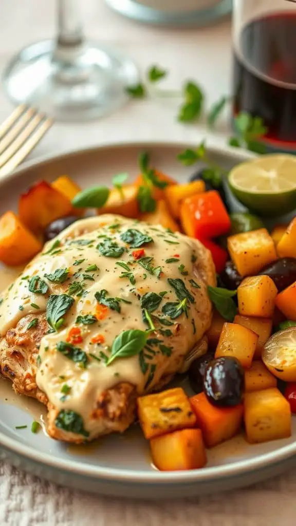 Creamy pesto chicken with roasted veggies on a plate