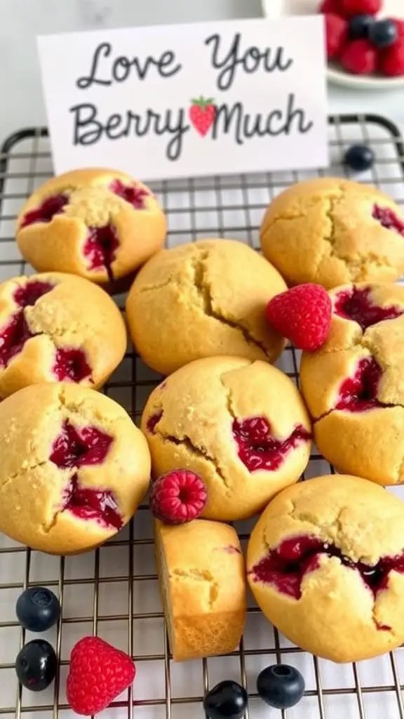 A tray of muffins with a sign that says 'Love You Berry Much.' The muffins are topped with raspberries and blueberries.