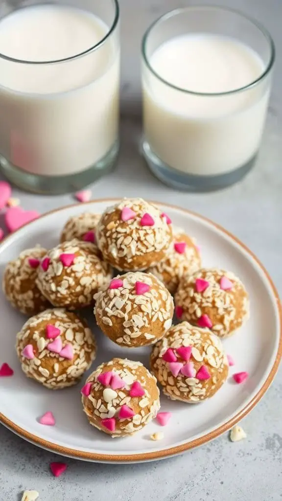 Plate of oatmeal energy bites with heart sprinkles and glasses of milk