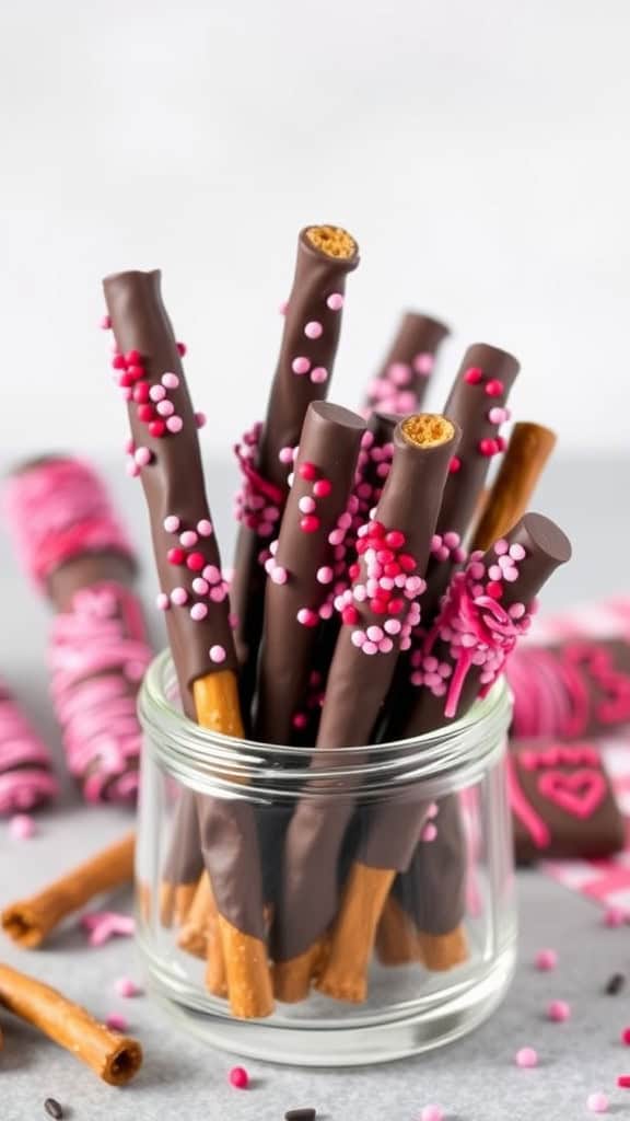 Chocolate-covered pretzel rods with pink and red sprinkles in a glass jar.