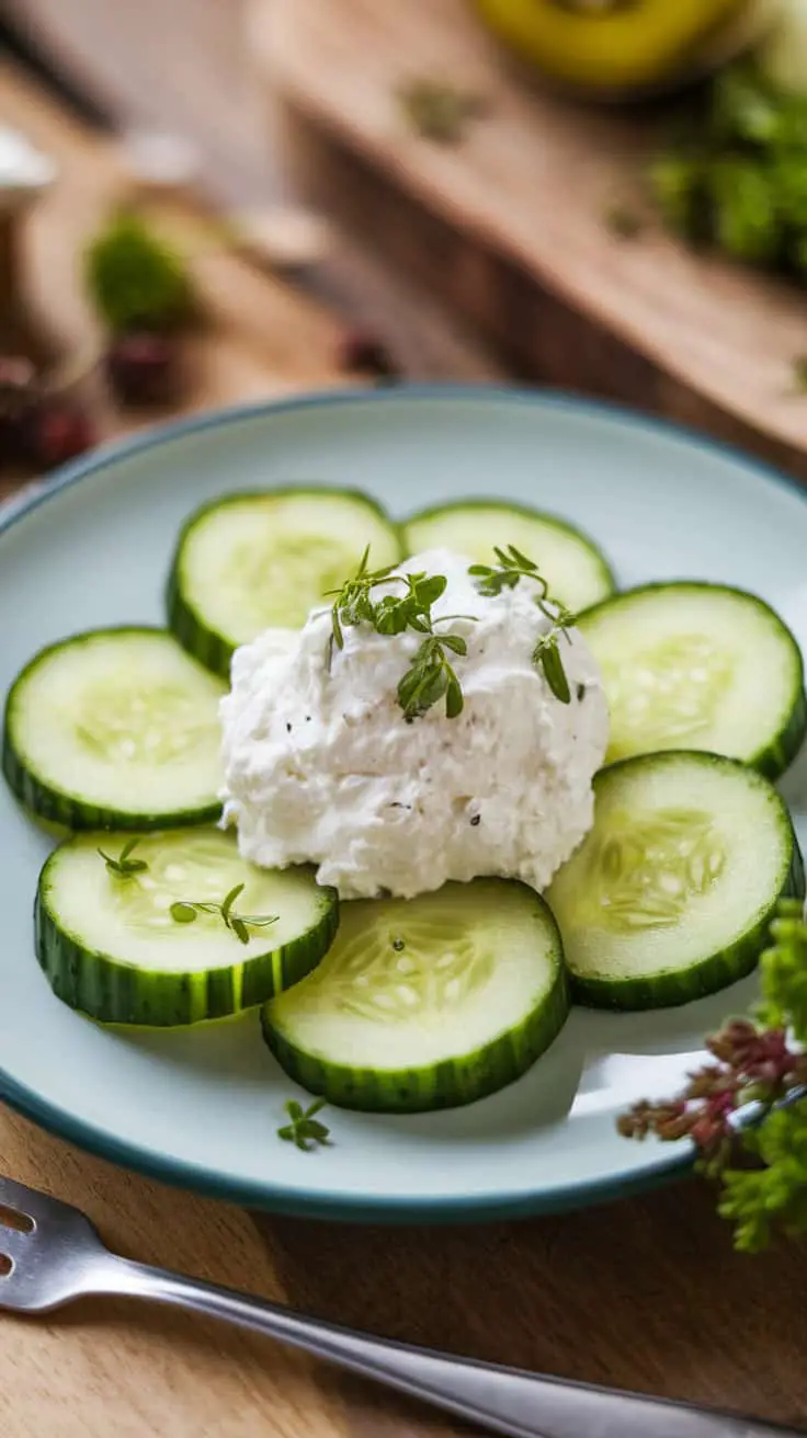 Cucumber slices arranged on a plate with a dollop of cottage cheese in the center, garnished with herbs.