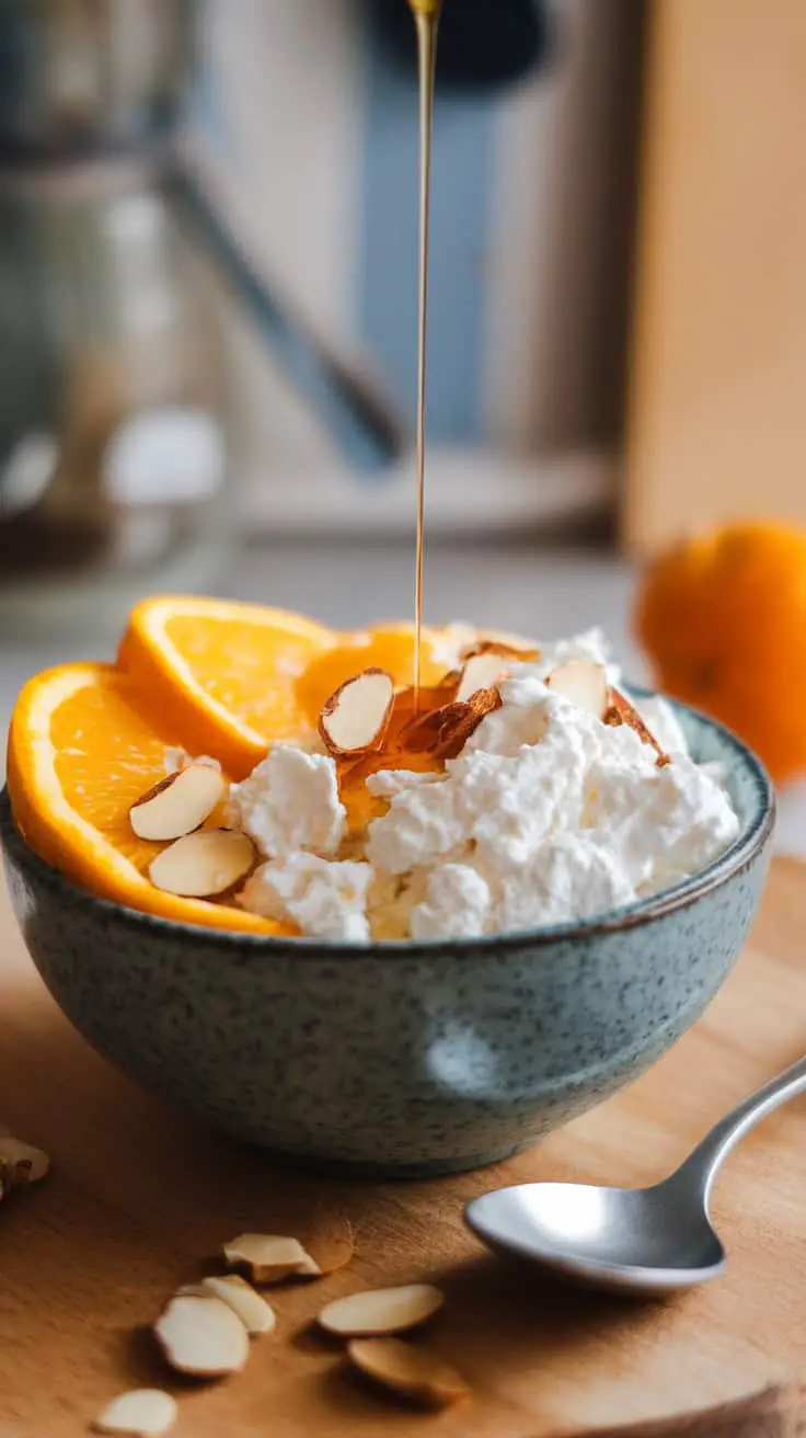 A bowl of cottage cheese topped with orange slices and almonds, drizzled with honey.