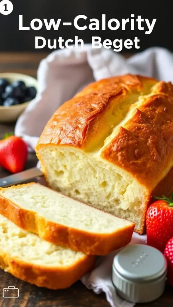 A loaf of low-calorie Dutch oven bread, sliced and served with strawberries and blueberries.