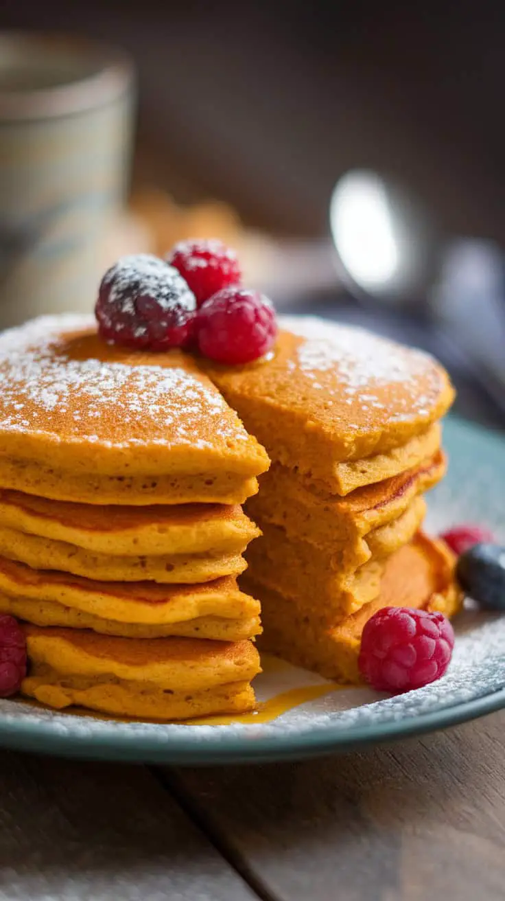 Fluffy pumpkin pancakes topped with raspberries and powdered sugar on a plate