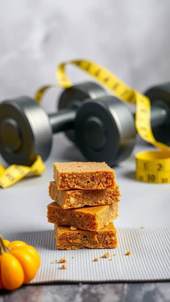 A stack of low-calorie pumpkin protein bars with weights and measuring tape in the background.