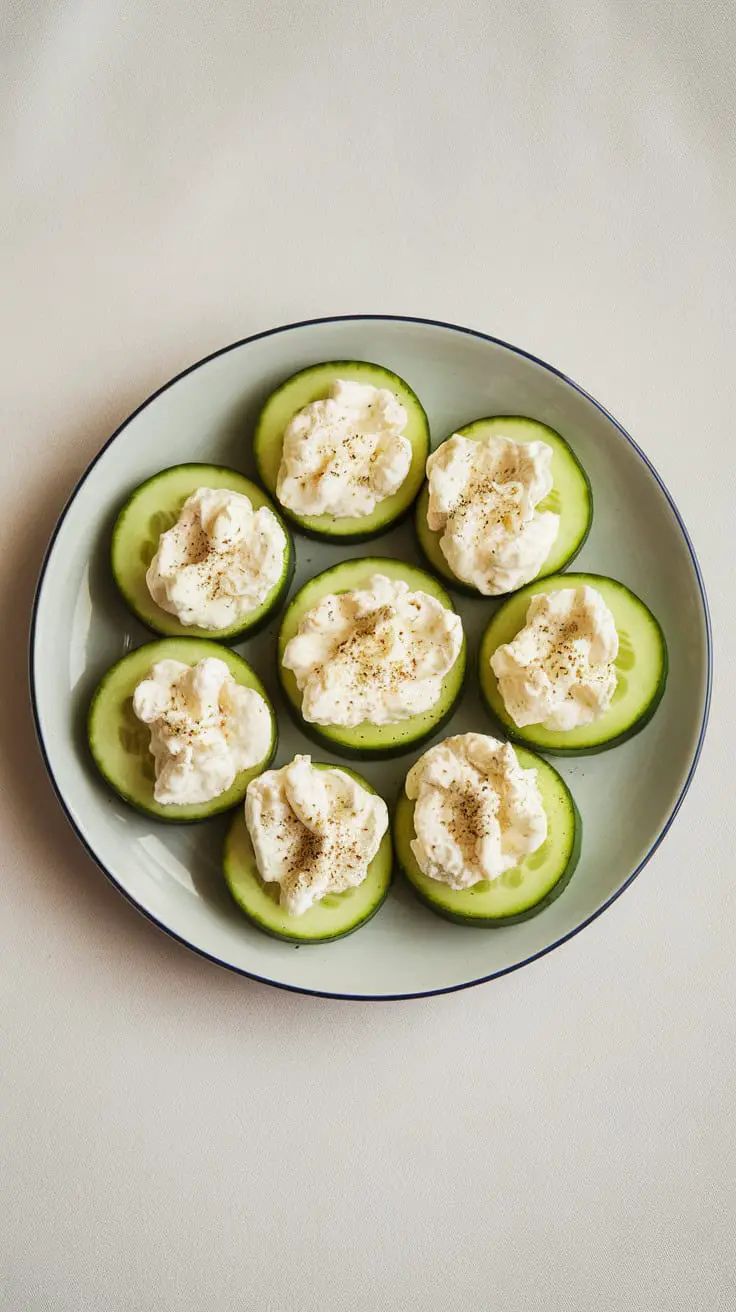 A plate of cucumber slices topped with cottage cheese and sprinkled with black pepper.