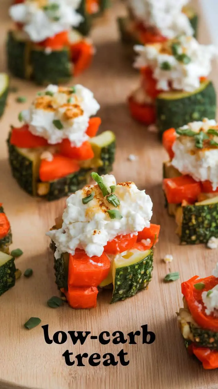 Colorful low-carb veggie bites topped with cottage cheese on a wooden platter