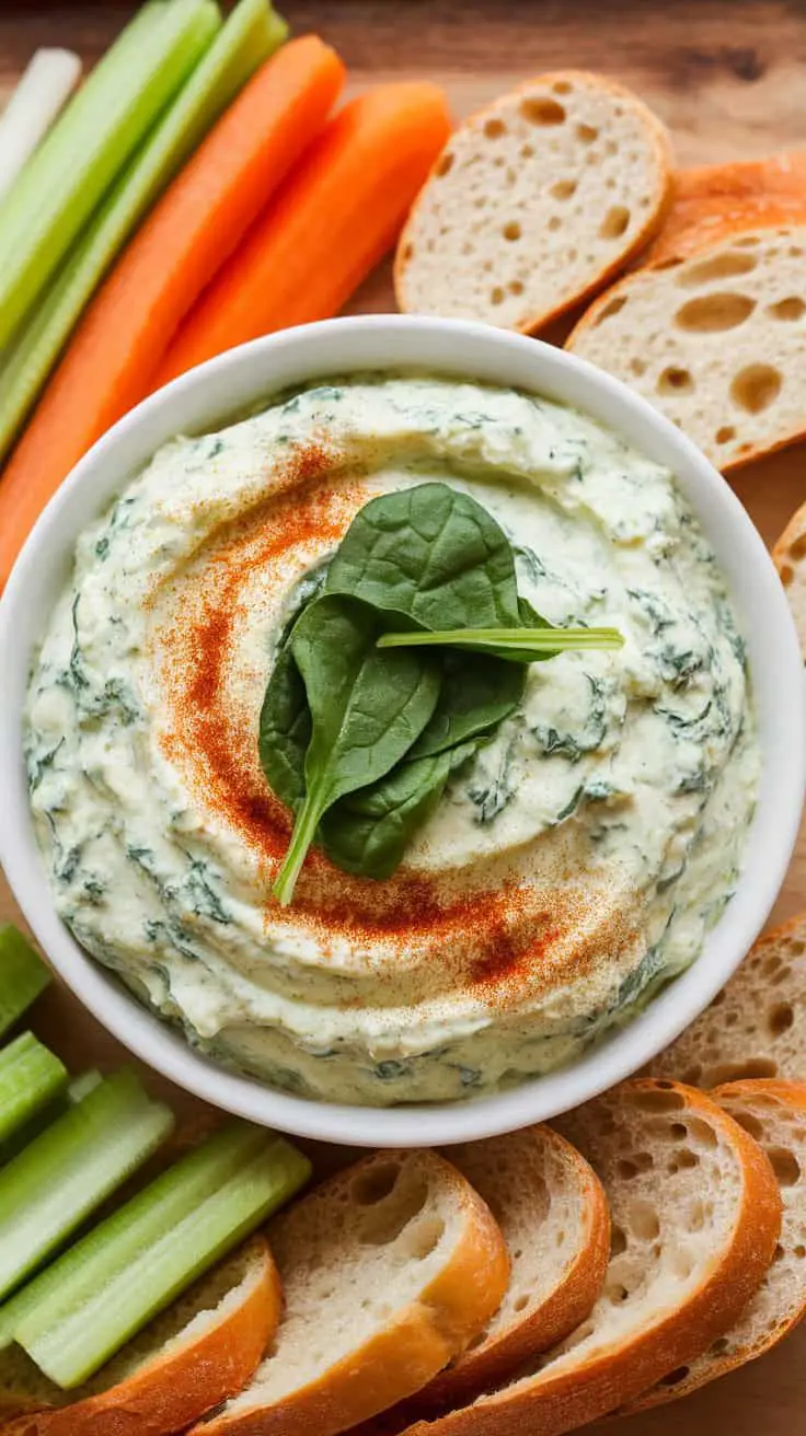 A bowl of low-carb cottage cheese and spinach dip, surrounded by fresh veggies and bread.