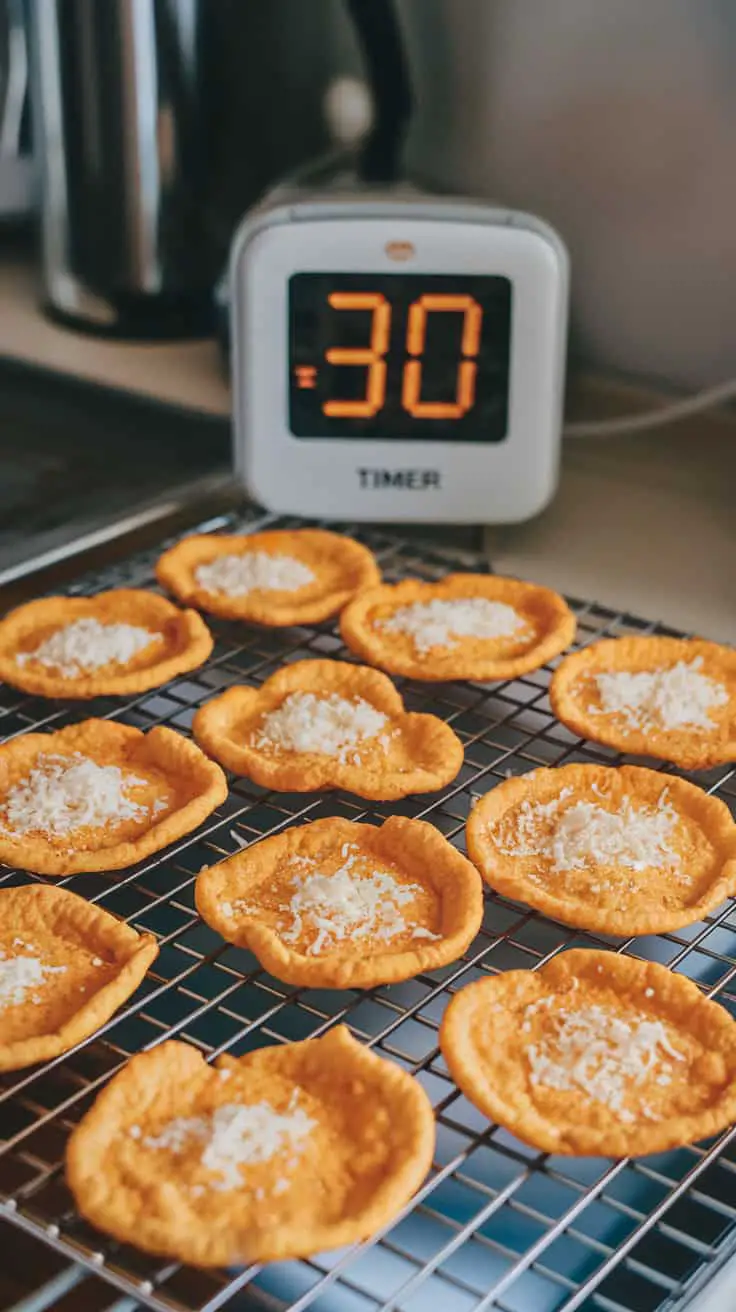 Baking tray with low-carb cottage cheese chips cooling on a rack, with a timer showing 30 minutes.