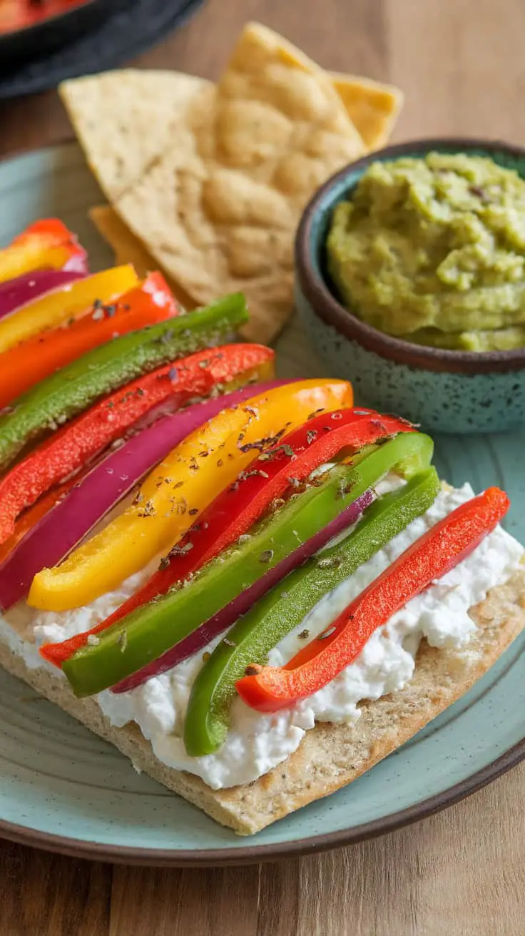 Low-Carb Cottage Cheese Flatbread topped with bell peppers and served with guacamole