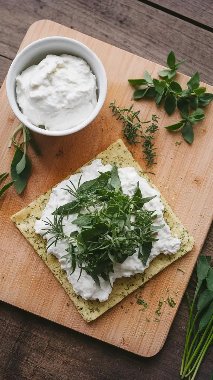 Cottage cheese flatbread topped with fresh herbs on a wooden board.