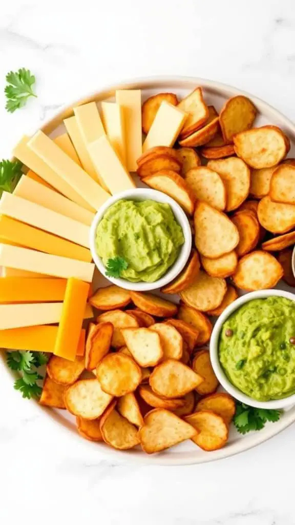 A platter featuring cheese sticks, crispy chips, and green dips