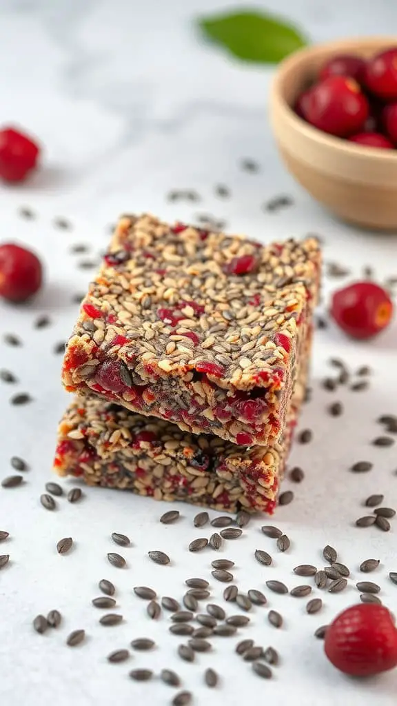 A stack of low-sugar cranberry chia seed bars on a marble surface, surrounded by chia seeds and fresh cranberries.