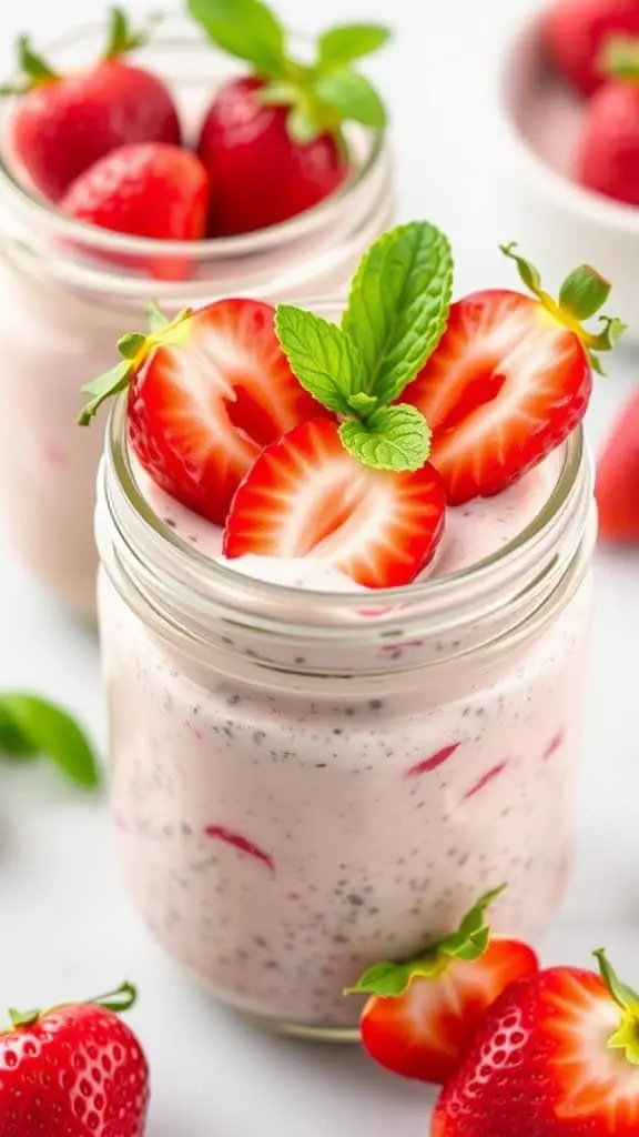 Low-sugar strawberry chia pudding in jars topped with fresh strawberries and mint leaves.