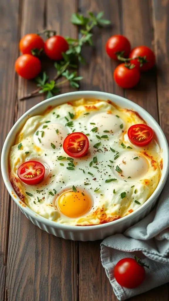 A baked egg dish with cottage cheese, topped with cherry tomatoes and herbs.