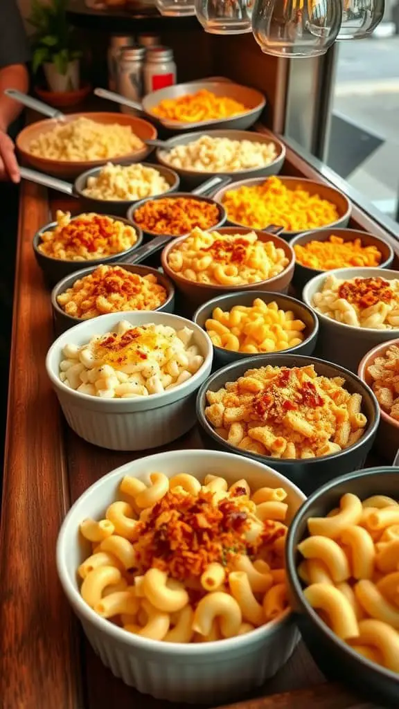 A variety of macaroni and cheese bowls with different toppings displayed on a table.