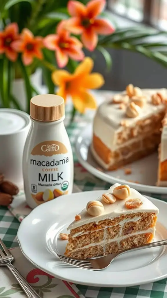 A bottle of macadamia nut coffee milk next to a slice of cake topped with nuts, with flowers in the background.