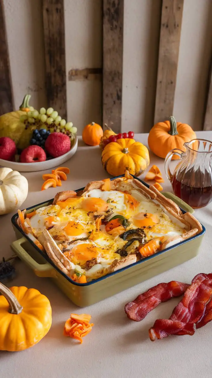 A colorful egg strata dish with sunny-side-up eggs and veggies, surrounded by fruits and pumpkins.