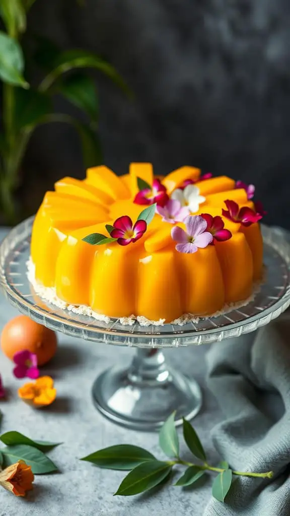 A vibrant mango cream jello torte adorned with flowers on a glass cake stand.