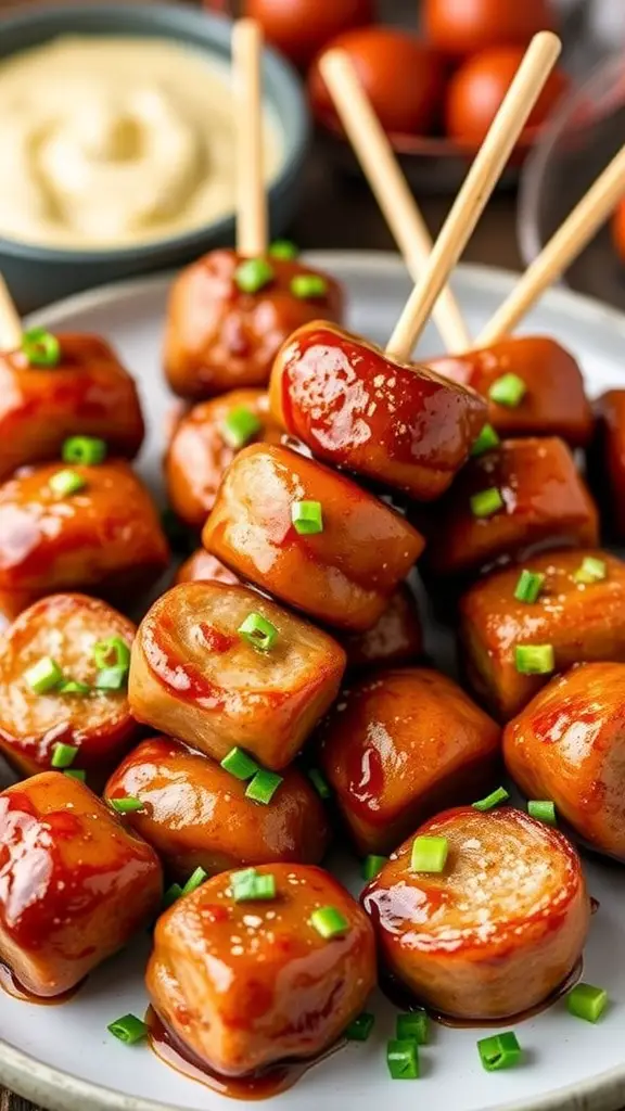 Maple-glazed sausage bites garnished with green onions, served with dipping sauce.