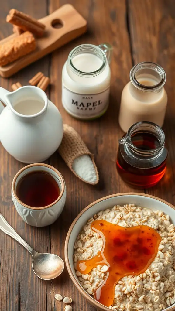 A cozy kitchen scene featuring a bowl of oatmeal topped with maple syrup, jars of oat milk, and coffee, alongside some sweet toppings.