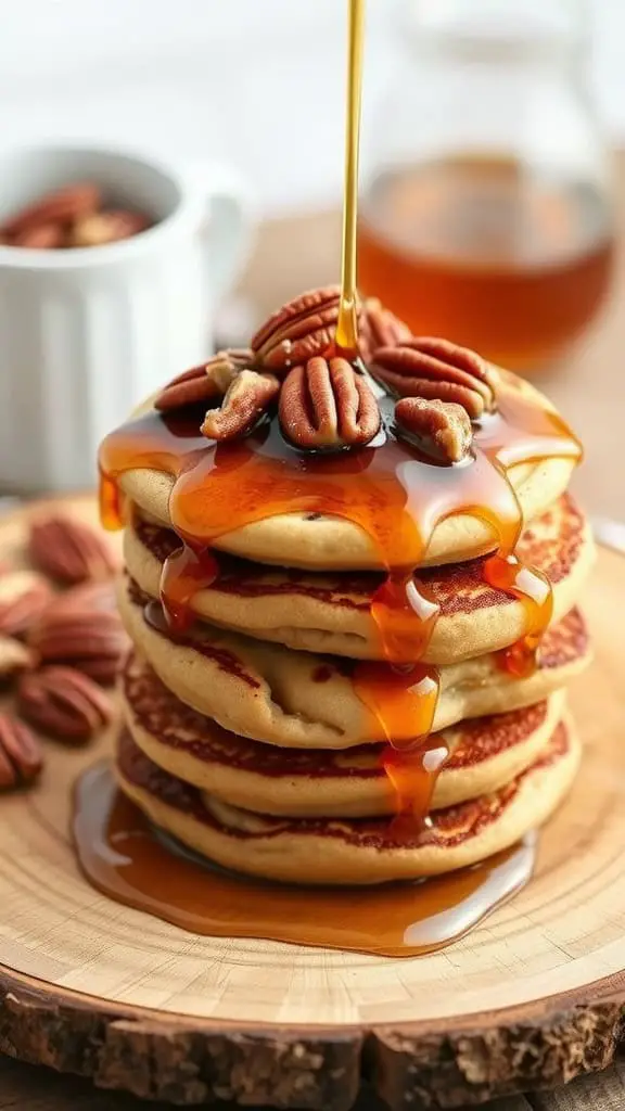 Stack of maple pecan pancake bites drizzled with syrup