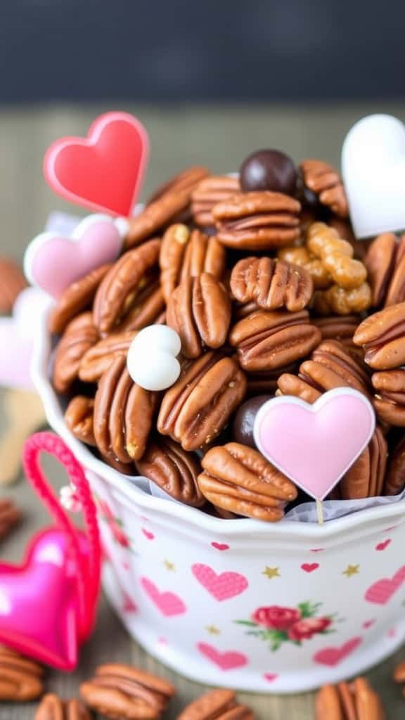 A colorful bowl filled with maple-coated pecans and heart-shaped decorations.