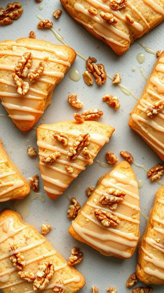 Maple walnut scones drizzled with glaze and topped with walnut pieces