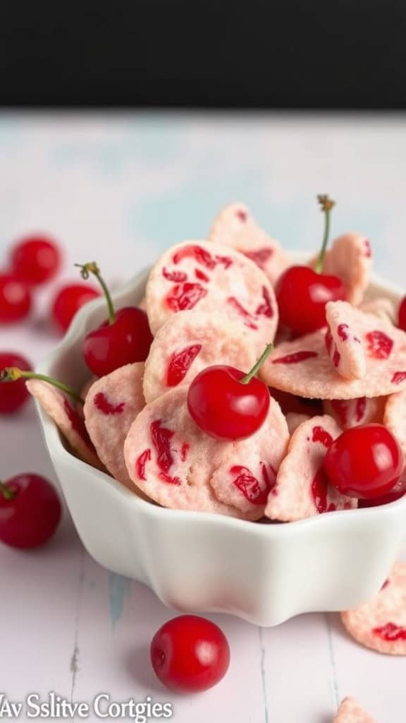 A bowl of maraschino cherry chip cookies with fresh cherries surrounding it.