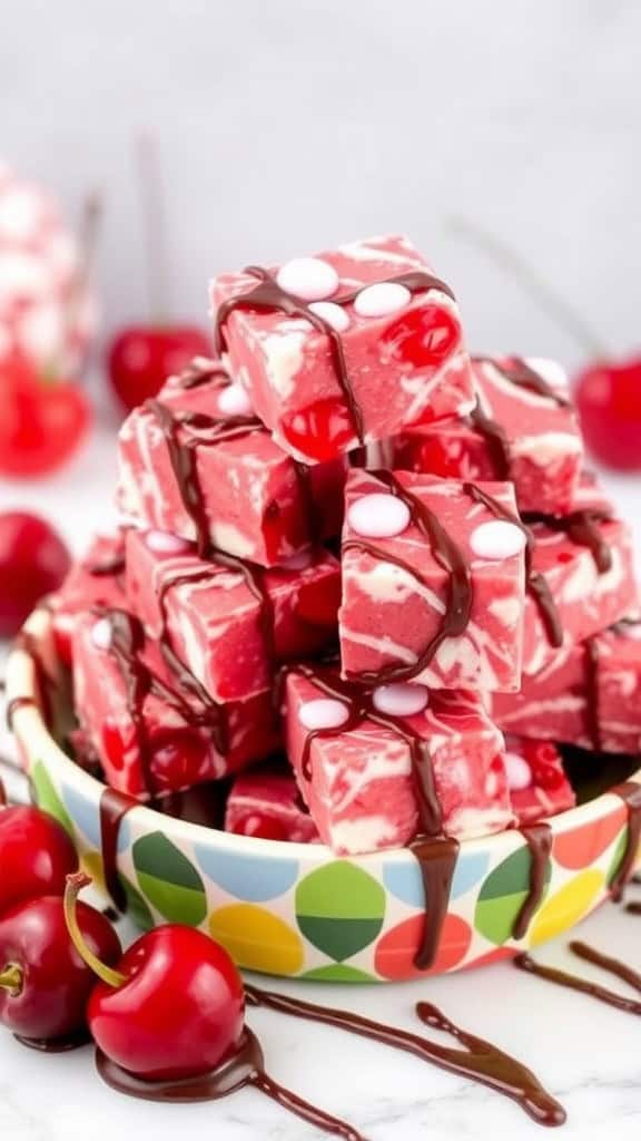 Colorful bowl of maraschino cherry fudge drops drizzled with chocolate, surrounded by fresh cherries.