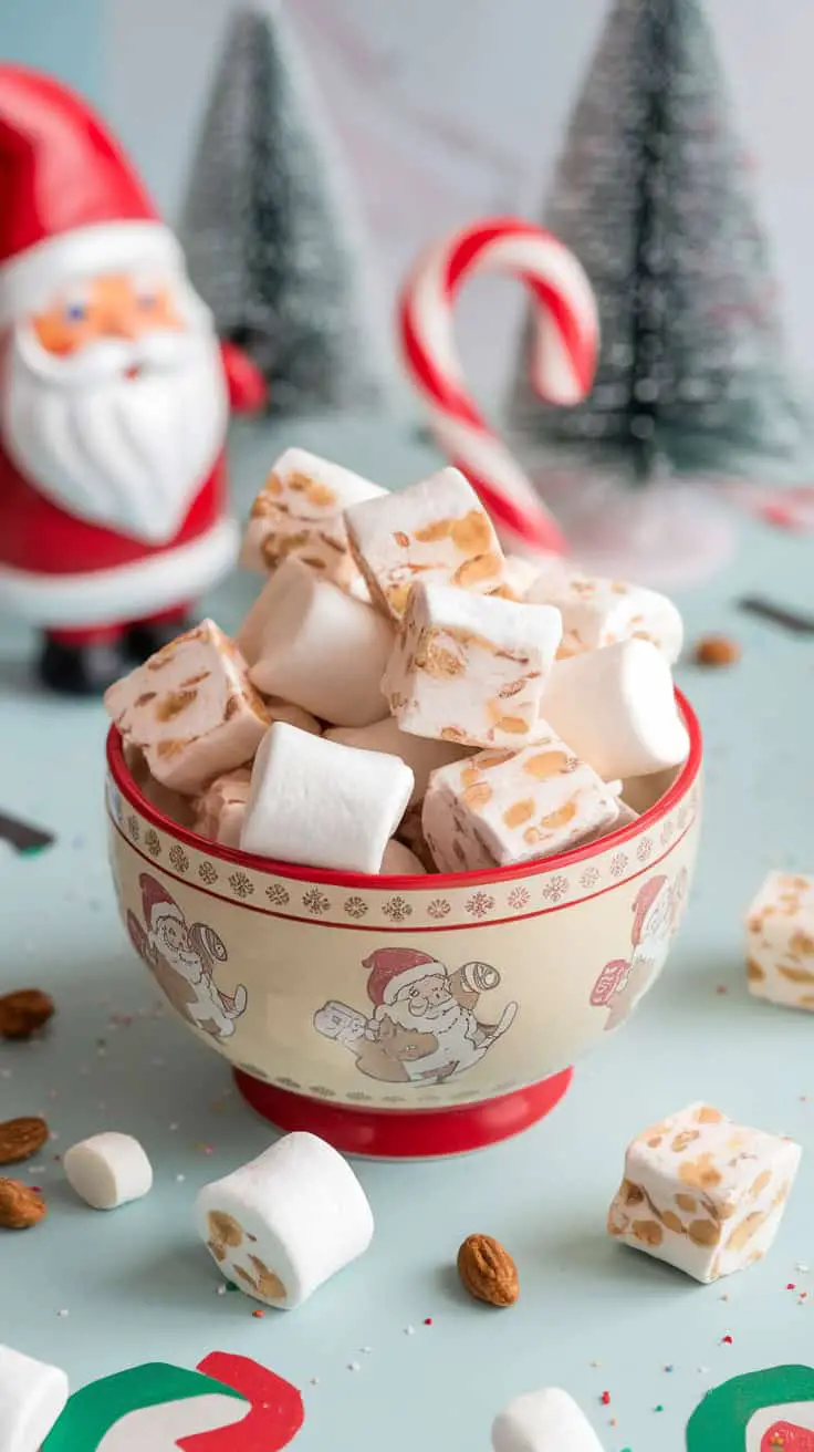 A bowl filled with marshmallow and nut nougat chews, surrounded by festive decorations.