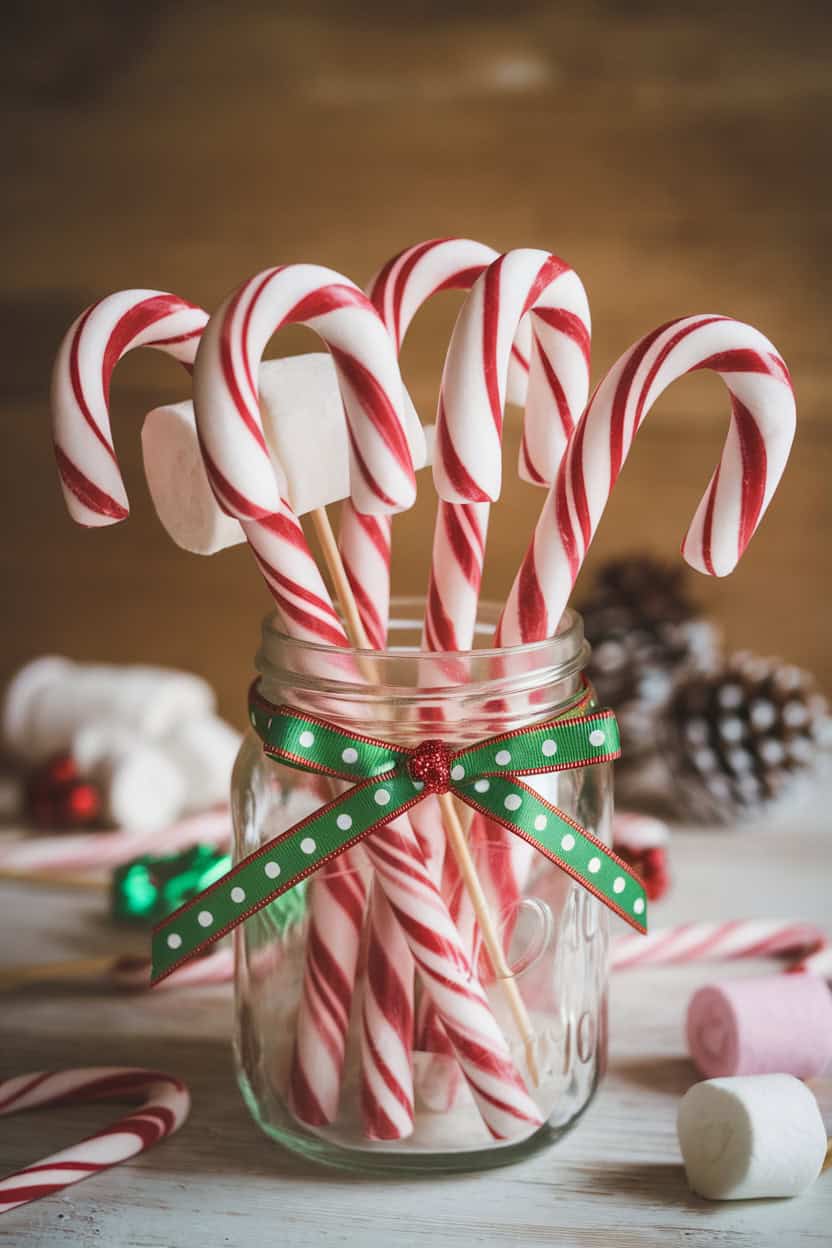 A jar filled with candy canes decorated with a green ribbon and surrounded by marshmallows.