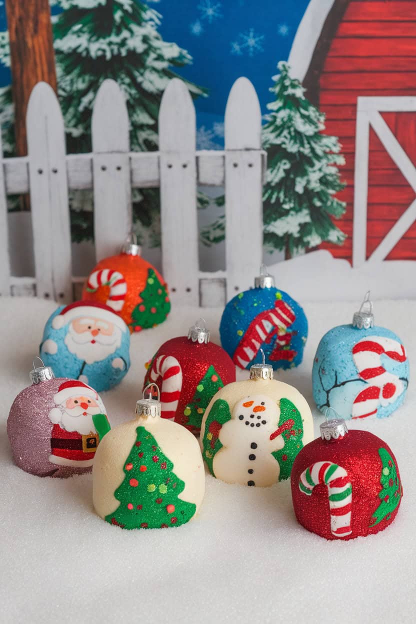 Colorful marshmallow pops decorated as Christmas ornaments