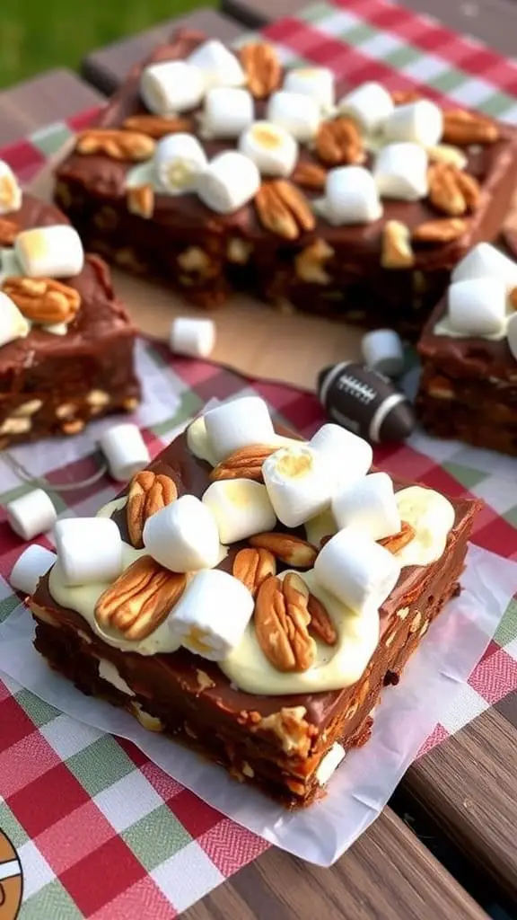 Delicious Rocky Road Brownies topped with marshmallows and pecans, perfect for a football-themed gathering.