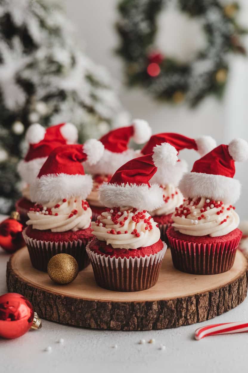 Festive cupcakes decorated with Santa hats made of marshmallows and red sprinkles.