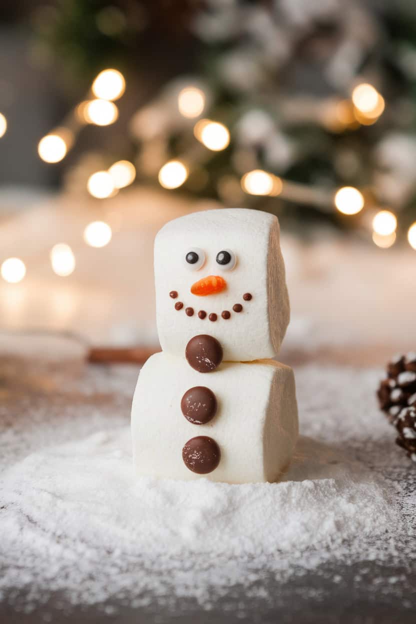 Two stacked marshmallows decorated as a snowman with chocolate buttons and an orange candy nose on powdered sugar.