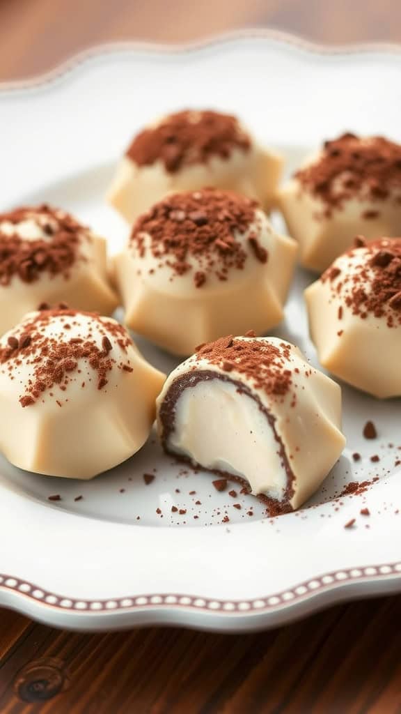 A plate of mascarpone coffee truffles, some whole and one cut open to show the creamy center, dusted with cocoa powder.