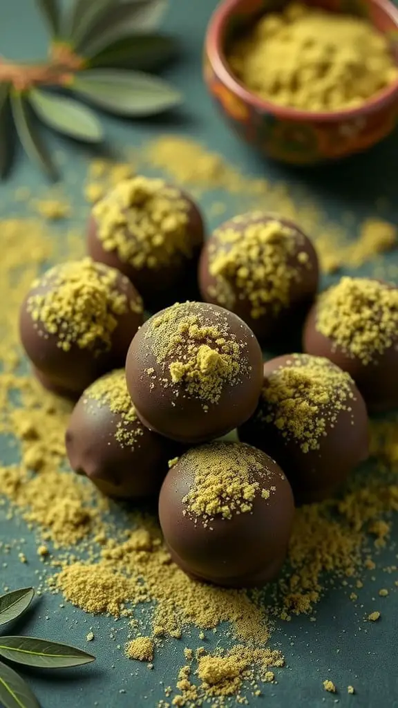 A close-up of Matcha Coffee Truffles dusted with matcha powder on a colorful background.