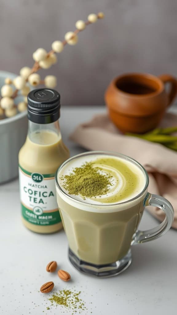 A glass of matcha green tea coffee creamer with a bottle of matcha creamer beside it and some matcha powder sprinkled on top.