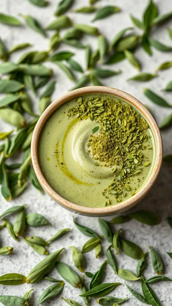 Matcha green tea chia pudding in a bowl with a sprinkle of matcha powder on top.