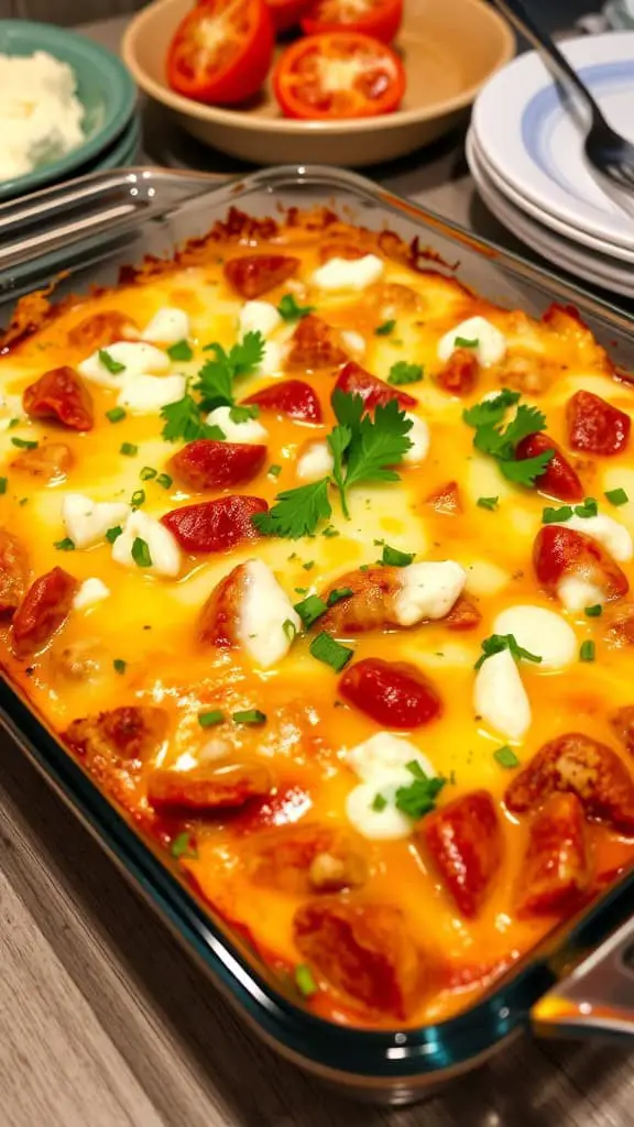 A delicious cheesy casserole with tomatoes and herbs, served in a glass baking dish.