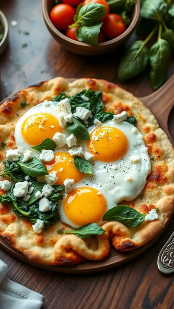 A Mediterranean breakfast flatbread topped with eggs, spinach, and feta cheese