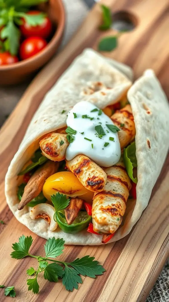 Mediterranean chicken souvlaki pita wrap filled with grilled chicken, fresh vegetables, and yogurt sauce