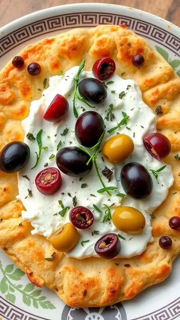 Flatbread topped with cottage cheese and assorted olives on a decorative plate.