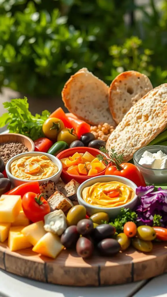 A colorful Mediterranean charcuterie board with cheese, olives, fresh veggies, and dips.