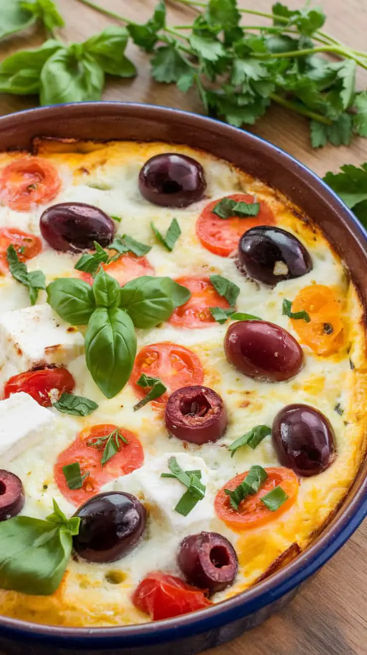 A Mediterranean egg bake with tomatoes, olives, and fresh basil, served in a blue dish.