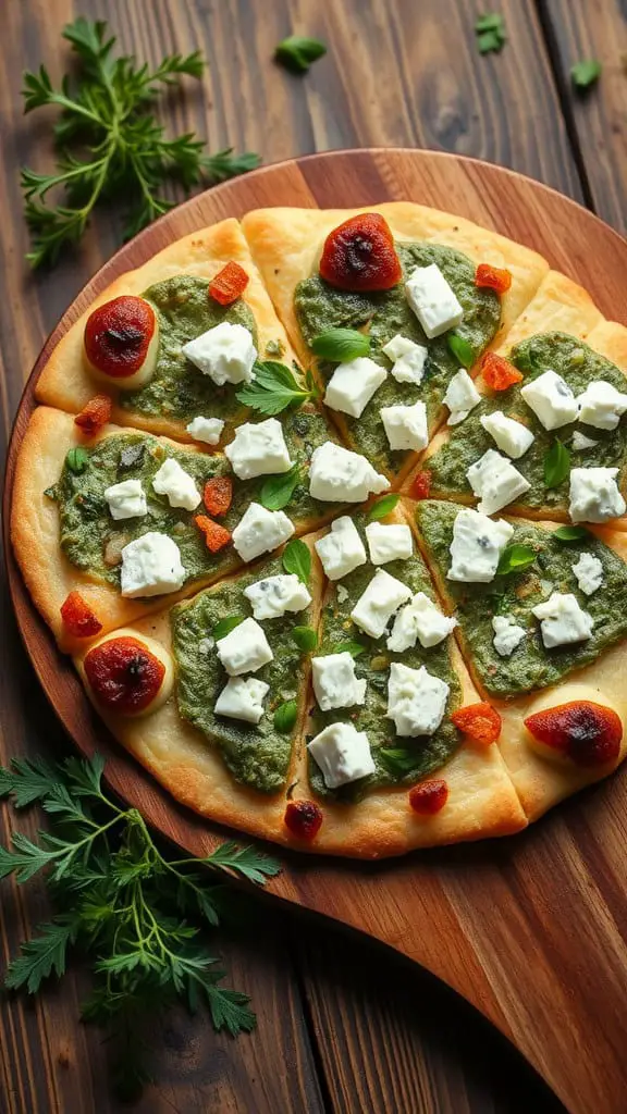 Mediterranean herb and feta flatbread on a wooden board