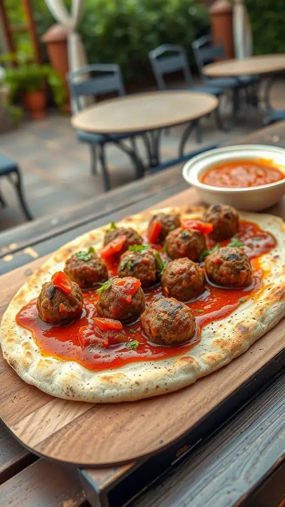 A Mediterranean meatball flatbread topped with meatballs in tomato sauce and garnished with herbs