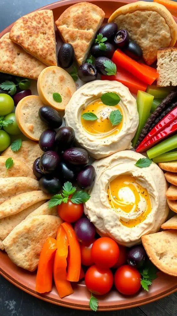 A vibrant Mediterranean mezze board featuring hummus, pita bread, olives, fresh vegetables, and grape tomatoes.